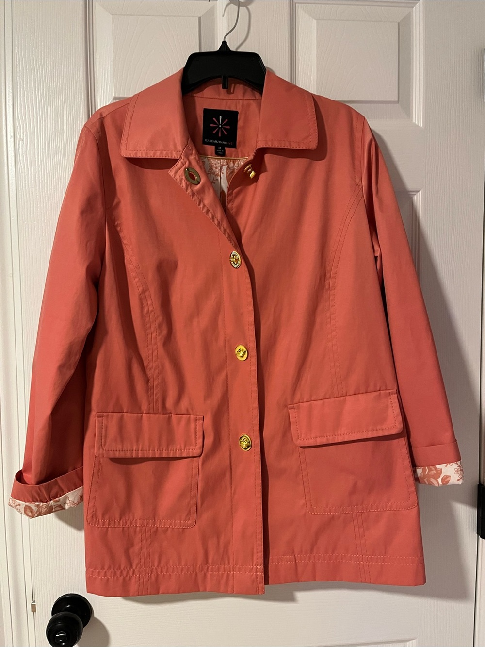 Isaac Mizrahi Coral Trench Coat with Gold Buttons